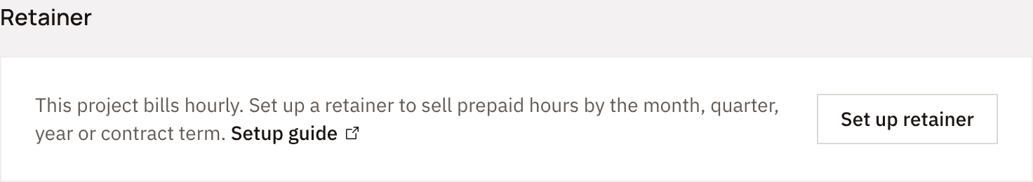 The project's Billing tab says the project bills hourly, with a Set up retainer button.