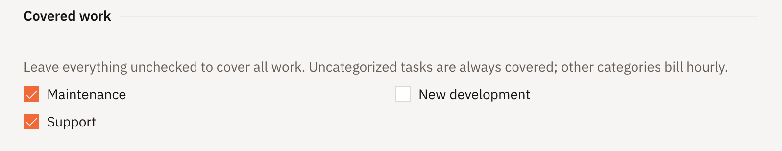 Covered work: Maintenance and Support are checked, New development is not.