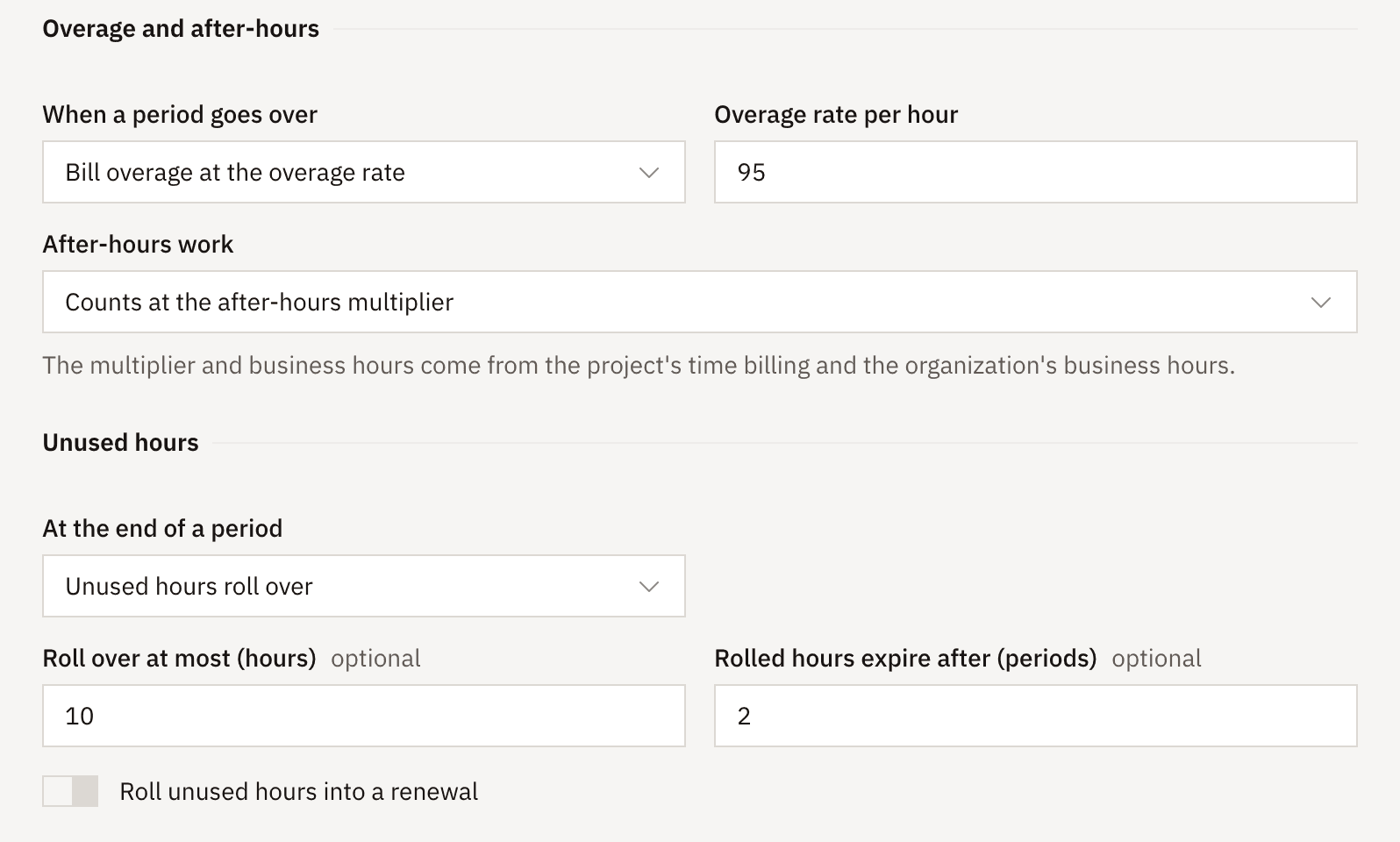 Overage billed at 95 an hour, after-hours work counted at the after-hours multiplier, and unused hours rolling over, at most 10 hours, expiring after 2 periods.