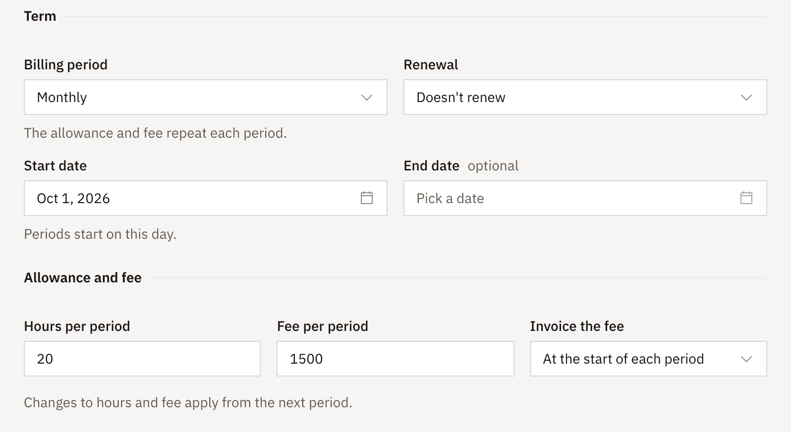 Retainer term settings: monthly billing period, doesn't renew, starting October 1, 2026, with 20 hours and a 1,500 fee per period invoiced at the start of each period.