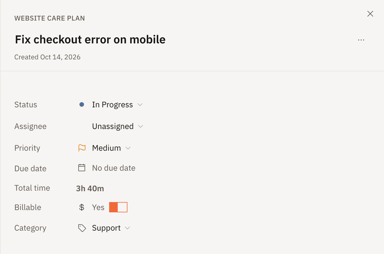 A task's details, with Category set to Support.