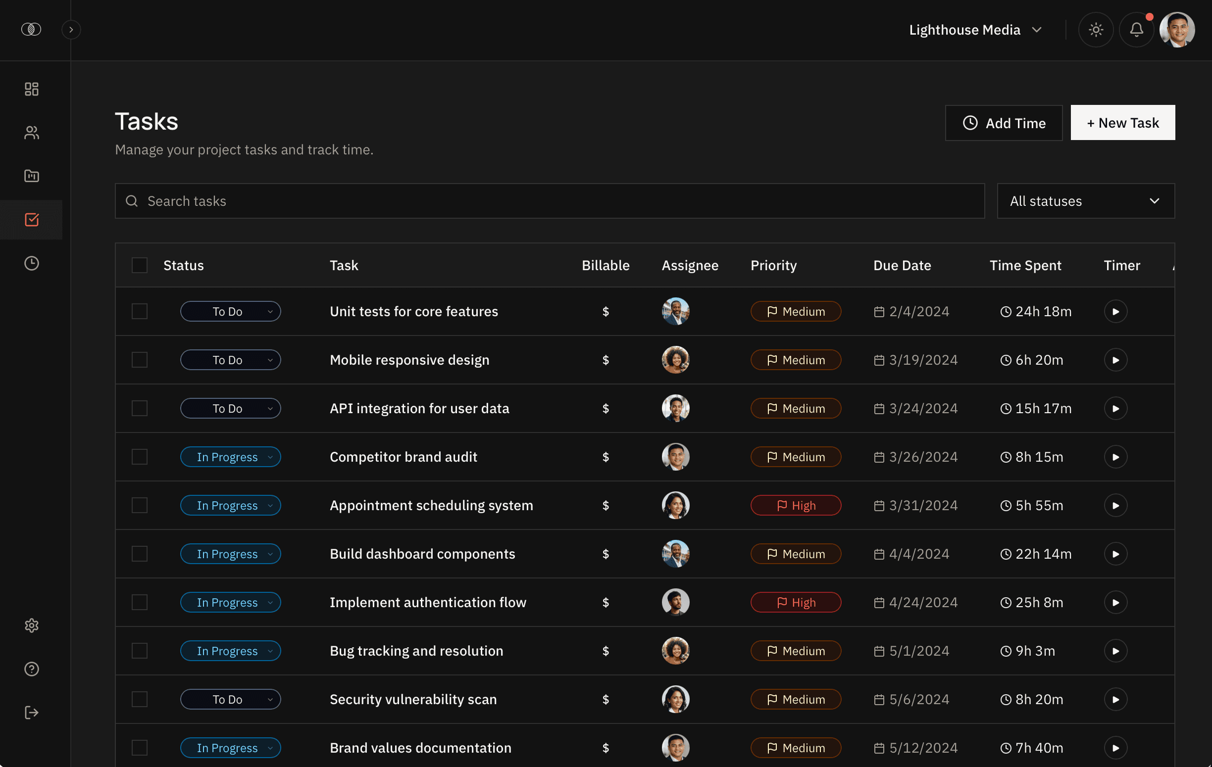 Zentract Tasks dashboard with task list, filters, assignees, priorities, and time tracked